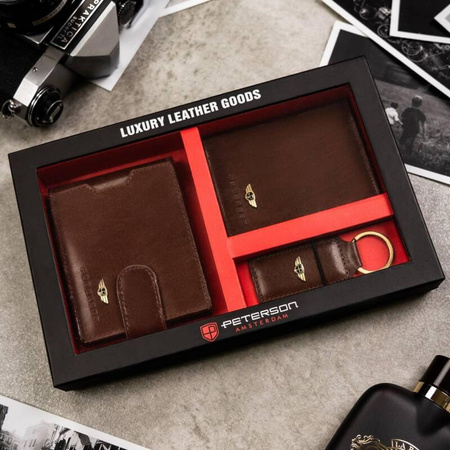 PETERSON skórzany portfel męski w zestawie etui brelok skóra naturalna RFID