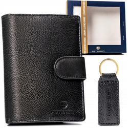 Portfel skórzany PETERSON męski na zatrzask antykradzieżowy + brelok zestaw